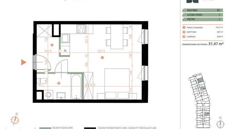 Rzut - Mieszkanie na sprzedaż 1 pokój o powierzchni 31,47 m² - numer M.01.14 w Casa Feliz Portowa II
