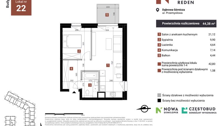 Rzut - Mieszkanie na sprzedaż 2 pokoje o powierzchni 44,38 m² - numer A22 w Nowy Reden