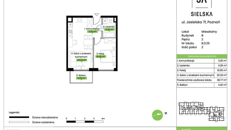 Rzut - Mieszkanie na sprzedaż 2 pokoje o powierzchni 38,77 m² - numer B.3.25 w JA_SIELSKA V