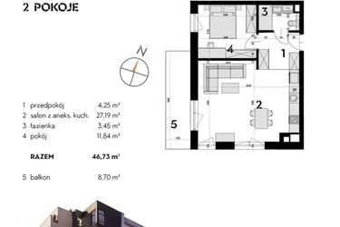 Rzut - Mieszkanie na sprzedaż 2 pokoje o powierzchni 46,73 m² - numer OK-48 w OKI DOKI