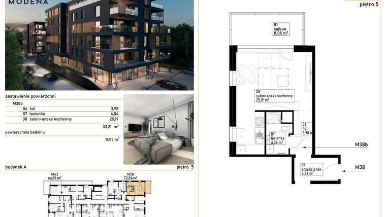 Rzut - Mieszkanie na sprzedaż 1 pokój o powierzchni 33,21 m² - numer M38b w Modena Bytkowska 113