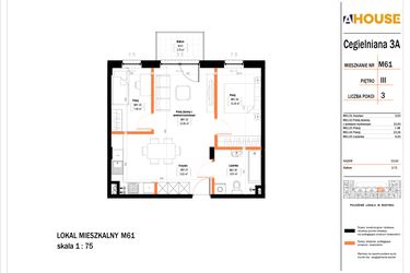 Rzut - Mieszkanie na sprzedaż 3 pokoje o powierzchni 54,22 m² - numer 61 w Osiedle StaLove etap II