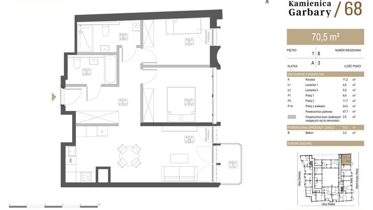 Rzut - Mieszkanie na sprzedaż 3 pokoje o powierzchni 70,58 m² - numer 8 w Garbary 68