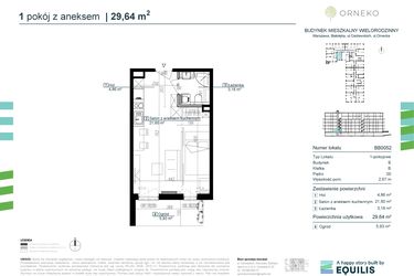 Rzut - Mieszkanie na sprzedaż 1 pokój o powierzchni 29,64 m² - numer BB0052 w Orneko