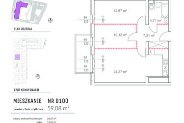 Rzut - Mieszkanie na sprzedaż 3 pokoje o powierzchni 59,08 m² - numer D100 w Osiedle Impresja 2