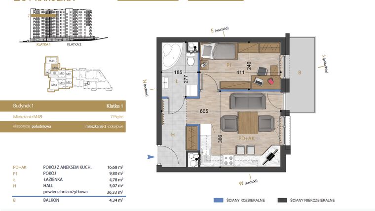 Rzut - Mieszkanie na sprzedaż 2 pokoje o powierzchni 36,33 m² - numer 49 w Osiedle Dakar Karolina