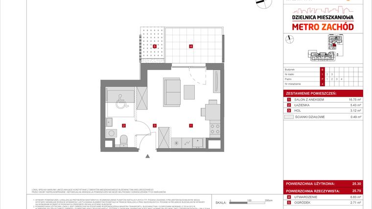 Rzut - Mieszkanie na sprzedaż 1 pokój o powierzchni 25,3 m² - numer B.4 w Dzielnica Mieszkaniowa Metro Zachód - etap 8.2