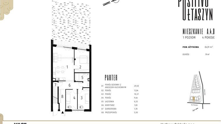 Rzut - Mieszkanie na sprzedaż 4 pokoje o powierzchni 84,91 m² - numer A.4.0 w Positivo Ołtaszyn