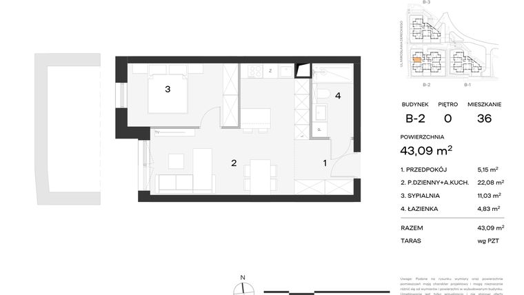Rzut - Mieszkanie na sprzedaż 2 pokoje o powierzchni 43,09 m² - numer 36 w Koncertowa Dolina