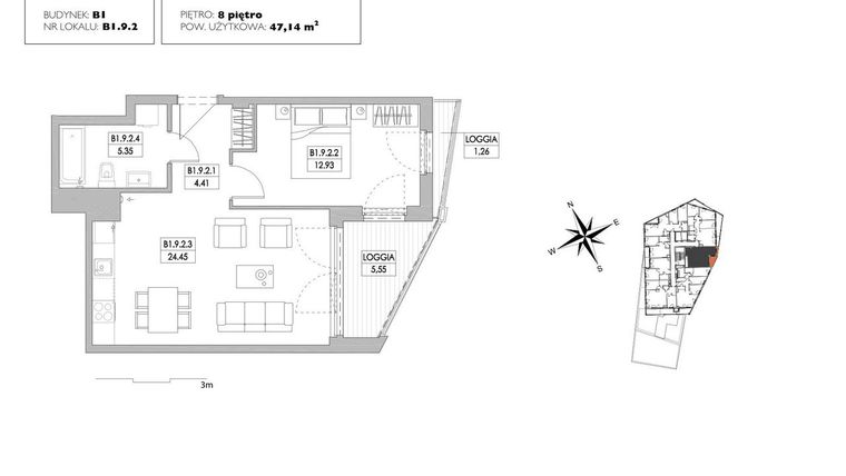 Rzut - Mieszkanie na sprzedaż 2 pokoje o powierzchni 47,14 m² - numer B1.9.2 w Alvarium 2.0