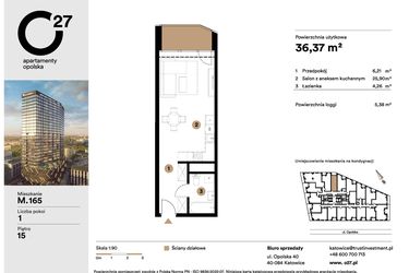 Rzut - Mieszkanie na sprzedaż 1 pokój o powierzchni 36,37 m² - numer M.165 w O27 Apartamenty Opolska