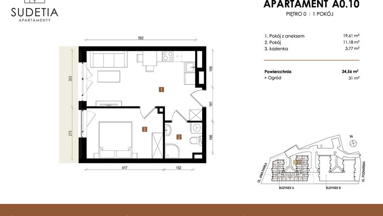 Rzut - Mieszkanie na sprzedaż 2 pokoje o powierzchni 34,56 m² - numer A 0.10 w Apartamenty Sudetia