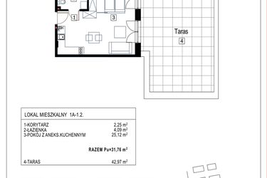 Rzut - Mieszkanie na sprzedaż 1 pokój o powierzchni 31,76 m² - numer 1A-1.2 w Gardenia Pogodno
