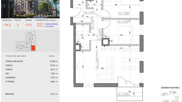 Rzut - Mieszkanie na sprzedaż 3 pokoje o powierzchni 63,03 m² - numer I-C73 w Industria etap I-D oraz I-C