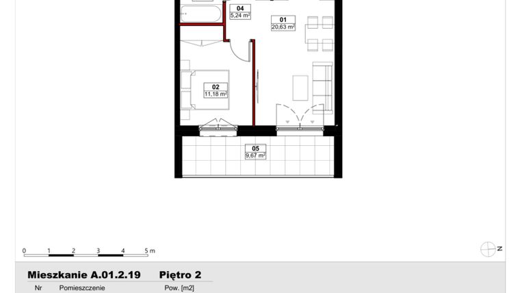 Rzut - Mieszkanie na sprzedaż 2 pokoje o powierzchni 41,67 m² - numer A01.2.19 w Skwer Witosa