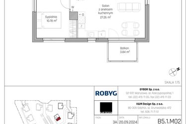 Rzut - Mieszkanie na sprzedaż 2 pokoje o powierzchni 46,88 m² - numer B5.1M02 w ROSA Residence etap II