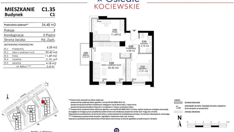 Rzut - Mieszkanie na sprzedaż 3 pokoje o powierzchni 54,48 m² - numer C1.35 w Osiedle Kociewskie etap III