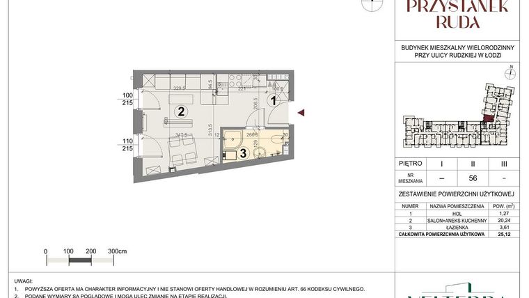 Rzut - Mieszkanie na sprzedaż 1 pokój o powierzchni 25,35 m² - numer 56 w Przystanek Ruda