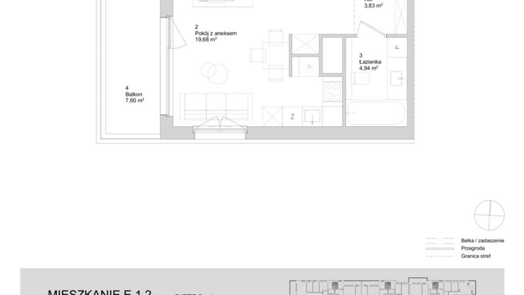 Rzut - Mieszkanie na sprzedaż 1 pokój o powierzchni 28,45 m² - numer E.1.2 w ATAL Parkowa