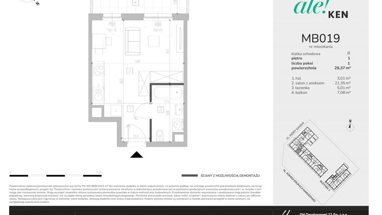 Rzut - Mieszkanie na sprzedaż 1 pokój o powierzchni 29,37 m² - numer MB019 w Ale!Ken etap 2