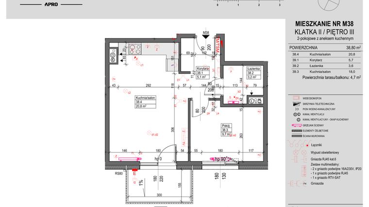 Rzut - Mieszkanie na sprzedaż 2 pokoje o powierzchni 38,8 m² - numer 38 w Antczaka 46