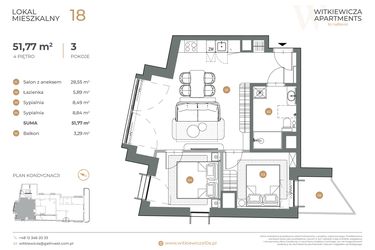 Rzut - Mieszkanie na sprzedaż 3 pokoje o powierzchni 51,77 m² - numer 18 w Witkiewicza Apartments