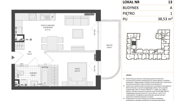 Rzut - Mieszkanie na sprzedaż 2 pokoje o powierzchni 38,53 m² - numer A.13 w Esencja