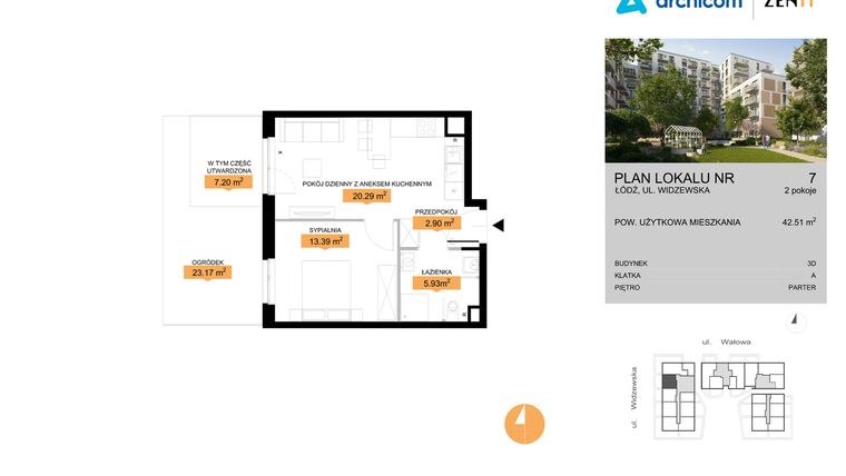Rzut - Mieszkanie na sprzedaż 2 pokoje o powierzchni 42,51 m² - numer 3D.7 w Zenit III