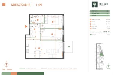 Rzut - Mieszkanie na sprzedaż 3 pokoje o powierzchni 63,09 m² - numer M.01.09 w Casa Feliz Portowa