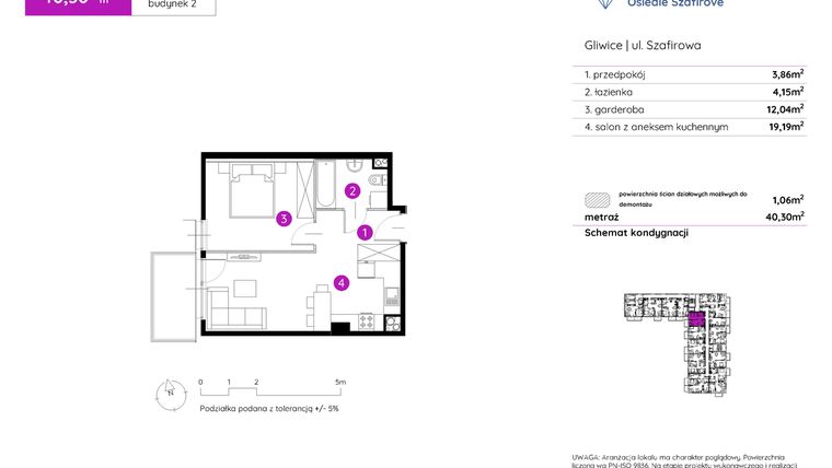 Rzut - Mieszkanie na sprzedaż 1 pokój o powierzchni 40,15 m² - numer 2.A.4.10 w Murapol Osiedle Szafirove II