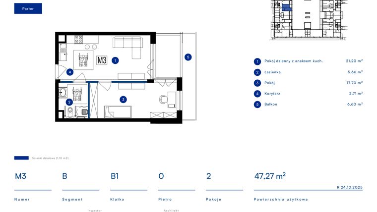 Rzut - Mieszkanie na sprzedaż 2 pokoje o powierzchni 47,27 m² - numer 3B w Przy Bursztynowej