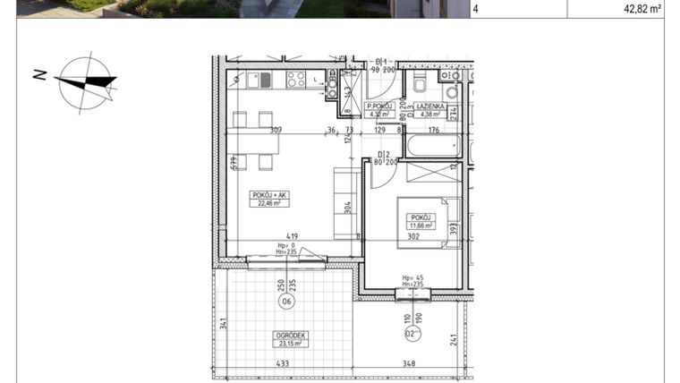 Rzut - Mieszkanie na sprzedaż 2 pokoje o powierzchni 42,82 m² - numer M.B7.00.33 w Osiedle Harmonia bud. B7