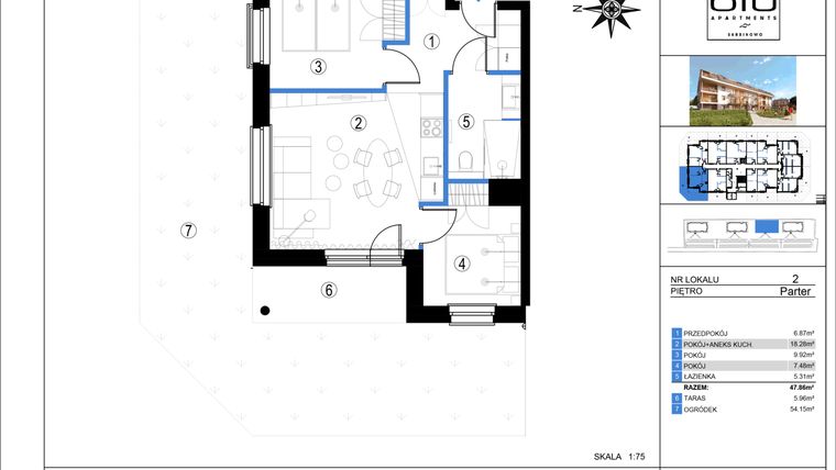 Rzut - Mieszkanie na sprzedaż 3 pokoje o powierzchni 47,86 m² - numer 2 w Baltin BLU Aparthotel