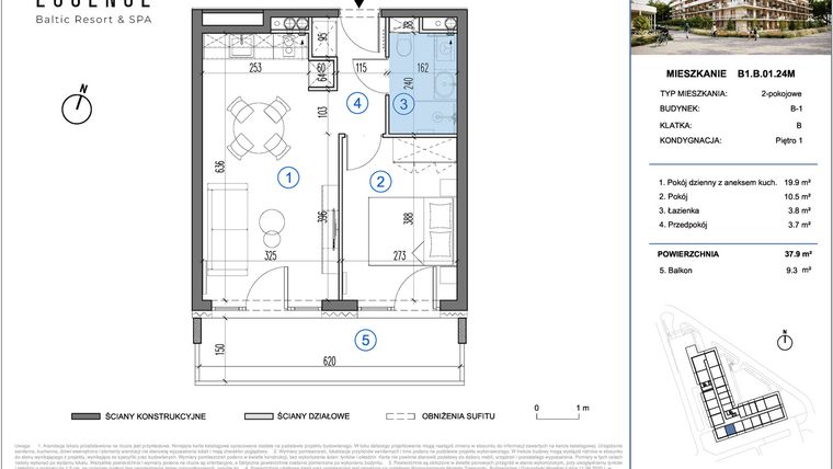 Rzut - Mieszkanie na sprzedaż 2 pokoje o powierzchni 37,9 m² - numer B1.B.01.24M w ESSENSE Baltic Resort&SPA 2