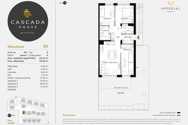 Rzut - Mieszkanie na sprzedaż 4 pokoje o powierzchni 69,25 m² - numer 9.1 w CASCADA House