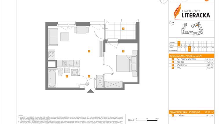 Rzut - Mieszkanie na sprzedaż 2 pokoje o powierzchni 42,17 m² - numer E.31 w Apartamenty Literacka etap 2.2