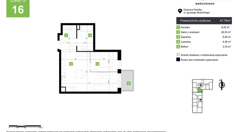 Rzut - Mieszkanie na sprzedaż 2 pokoje o powierzchni 47,76 m² - numer M16 w Nowa Częstochowa Mościckiego