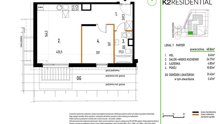 Rzut - Mieszkanie na sprzedaż 2 pokoje o powierzchni 48,86 m² - numer 7 w Kowalskiego 37