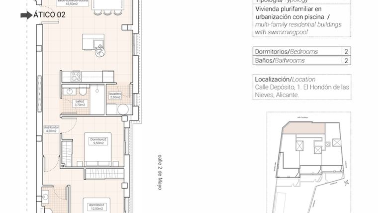 Rzut - Mieszkanie na sprzedaż 2 pokoje o powierzchni 93,93 m² - numer 2 w Mieszkania w Hondón de las Nieves - 65879943