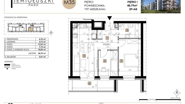 Rzut - Mieszkanie na sprzedaż 3 pokoje o powierzchni 48,79 m² - numer M35 w Jemiołuszki Park
