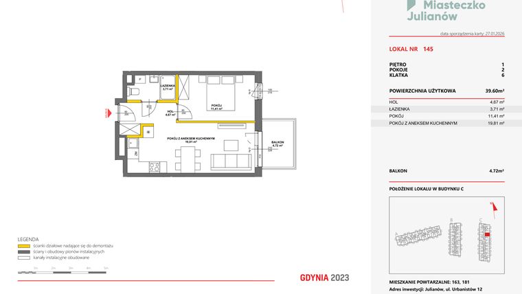 Rzut - Mieszkanie na sprzedaż 2 pokoje o powierzchni 39,64 m² - numer 145 w Miasteczko Julianów