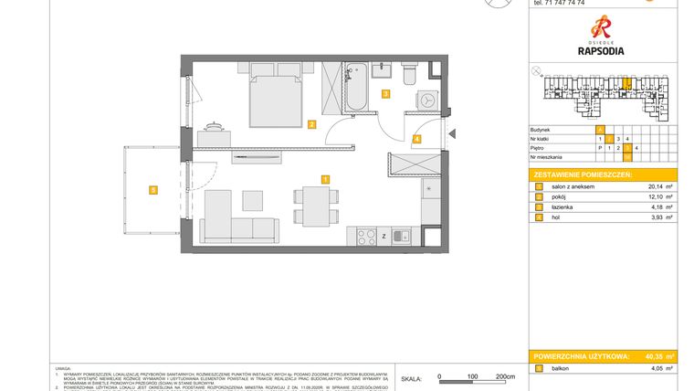 Rzut - Mieszkanie na sprzedaż 2 pokoje o powierzchni 40,35 m² - numer A.58 w Osiedle Rapsodia