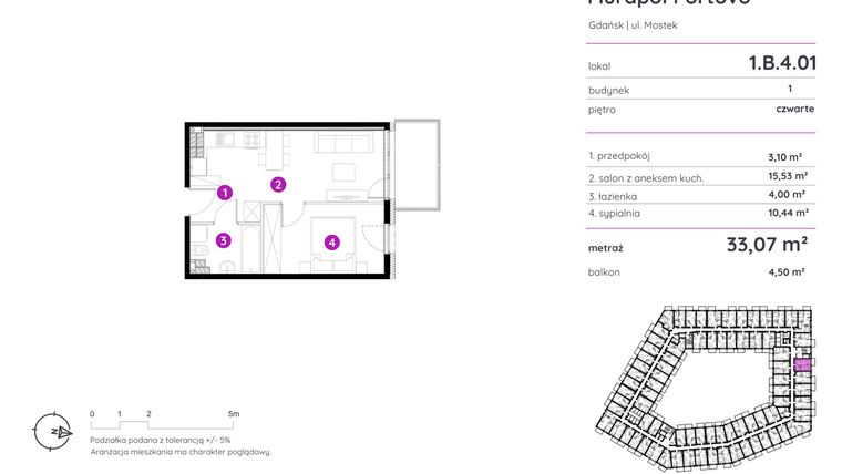 Rzut - Mieszkanie na sprzedaż 2 pokoje o powierzchni 32,78 m² - numer 1.B.4.01 w Murapol Portovo etap II