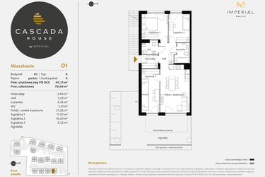 Rzut - Mieszkanie na sprzedaż 4 pokoje o powierzchni 69,25 m² - numer 2.1 w CASCADA House