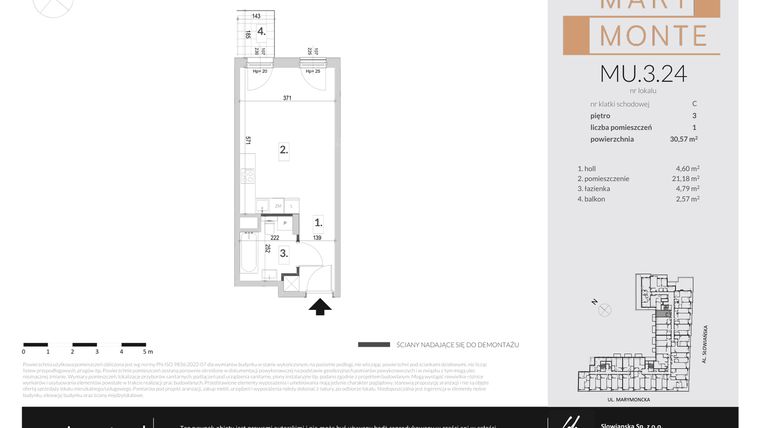 Rzut - Mieszkanie na sprzedaż 1 pokój o powierzchni 30,57 m² - numer MU.3.24 w Marimonte - apartamenty inwestycyjne
