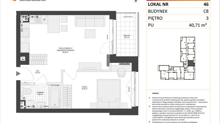 Rzut - Mieszkanie na sprzedaż 2 pokoje o powierzchni 40,71 m² - numer C8.46 w Konstelacja etap IV