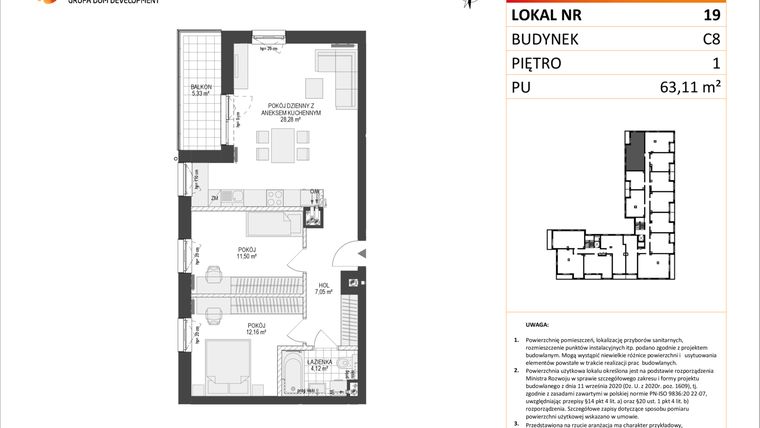 Rzut - Mieszkanie na sprzedaż 3 pokoje o powierzchni 63,11 m² - numer C8.19 w Konstelacja etap IV