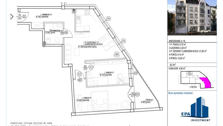 Rzut - Mieszkanie na sprzedaż 3 pokoje o powierzchni 52,7 m² - numer 18 w Kamienica przy ul. Starodomaszowskiej
