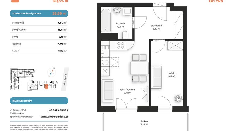 Rzut - Mieszkanie na sprzedaż 2 pokoje o powierzchni 33,69 m² - numer M I.3.4 w Glogera Bricks