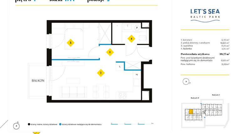 Rzut - Mieszkanie na sprzedaż 2 pokoje o powierzchni 39,27 m² - numer D14 w Let's Sea Baltic Park II